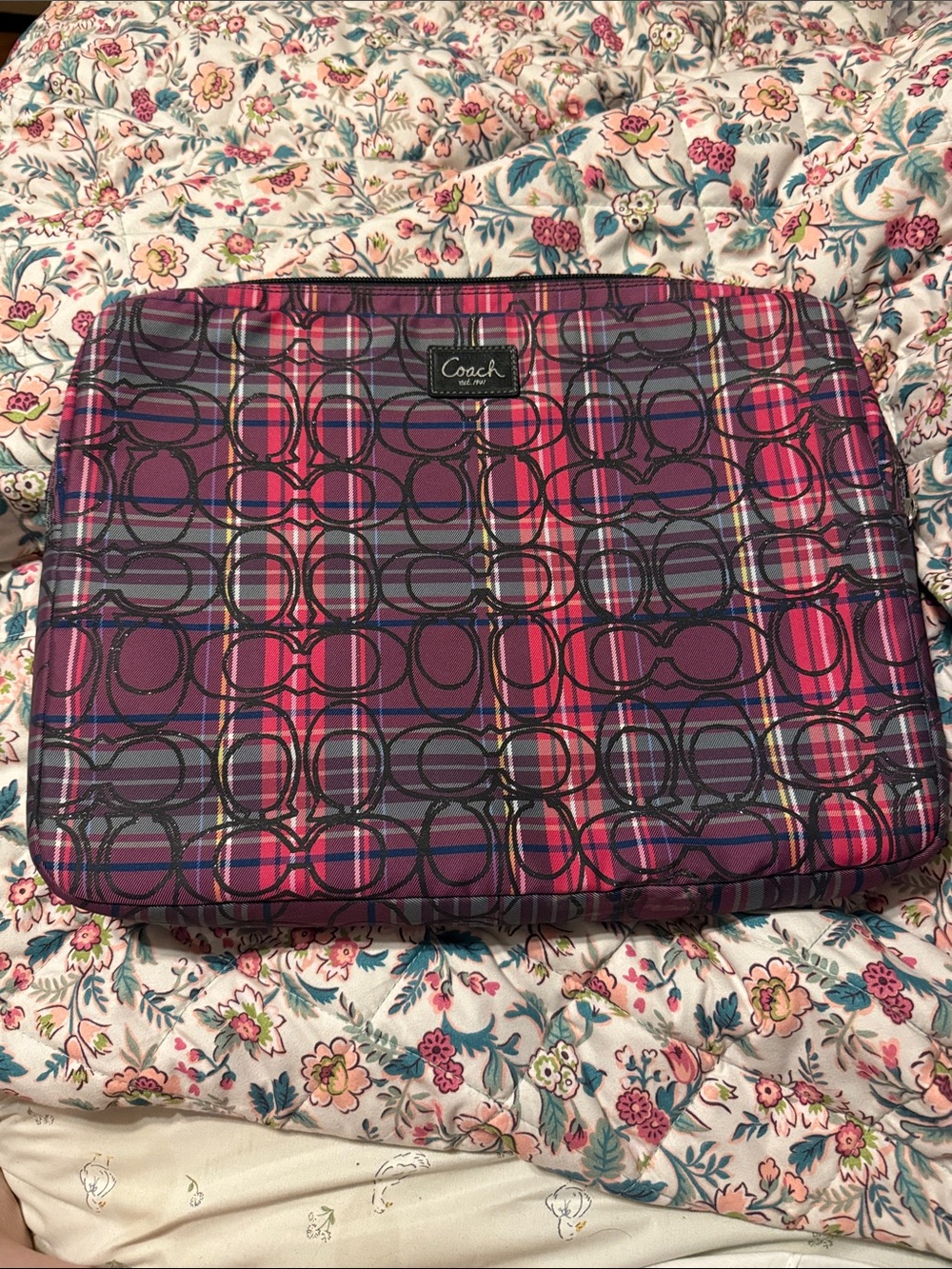 Coach Plaid Signature Laptop Sleeve in Purple and Pink Tones
